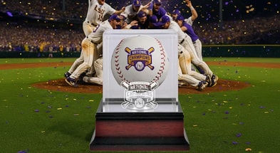 Celebrate the LSU Baseball 2025 College World Series Championship with this limited edition National Champion Baseball and Case!